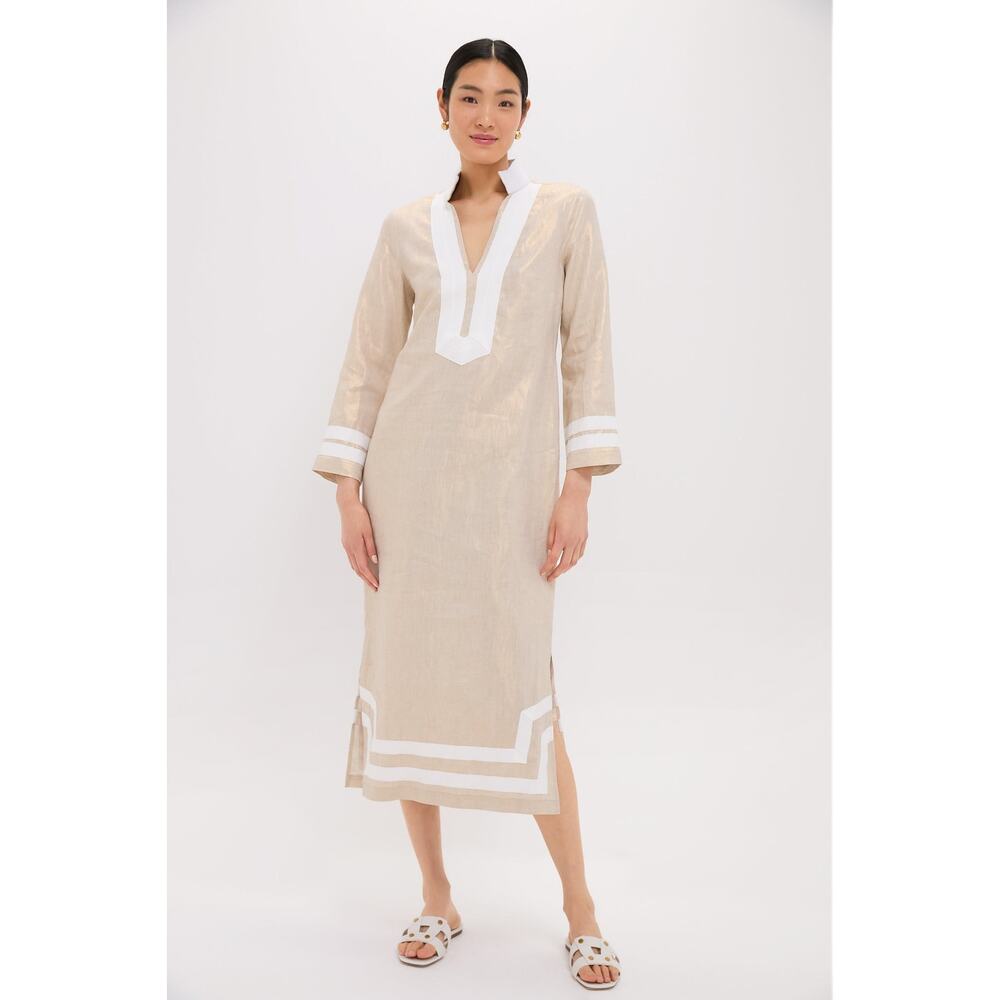 Sail to Sable Beige Linen Midi Dress with White Trim Accents